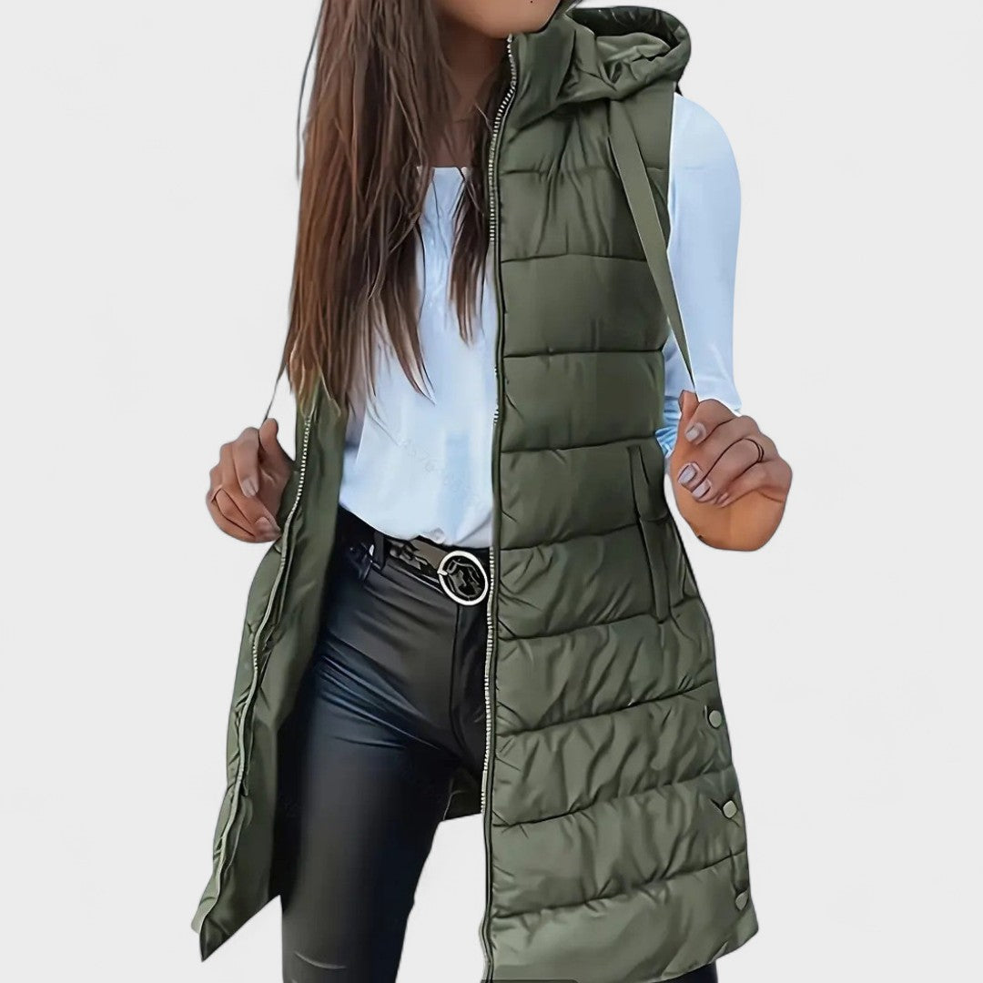 Kimberly - Long sleeveless quilted vest with hood